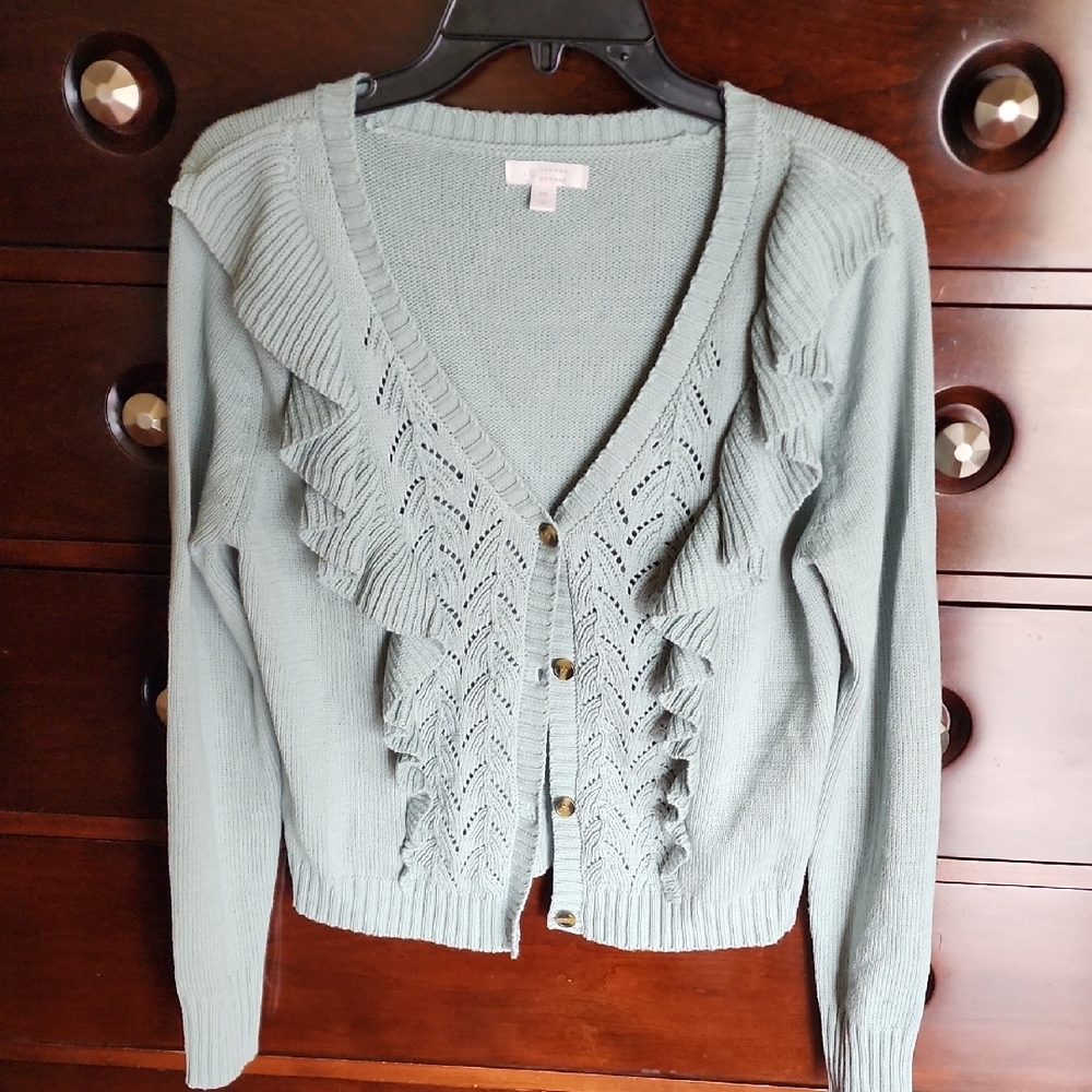 Pale Jade Ruffled Knit Cardigan Sweater